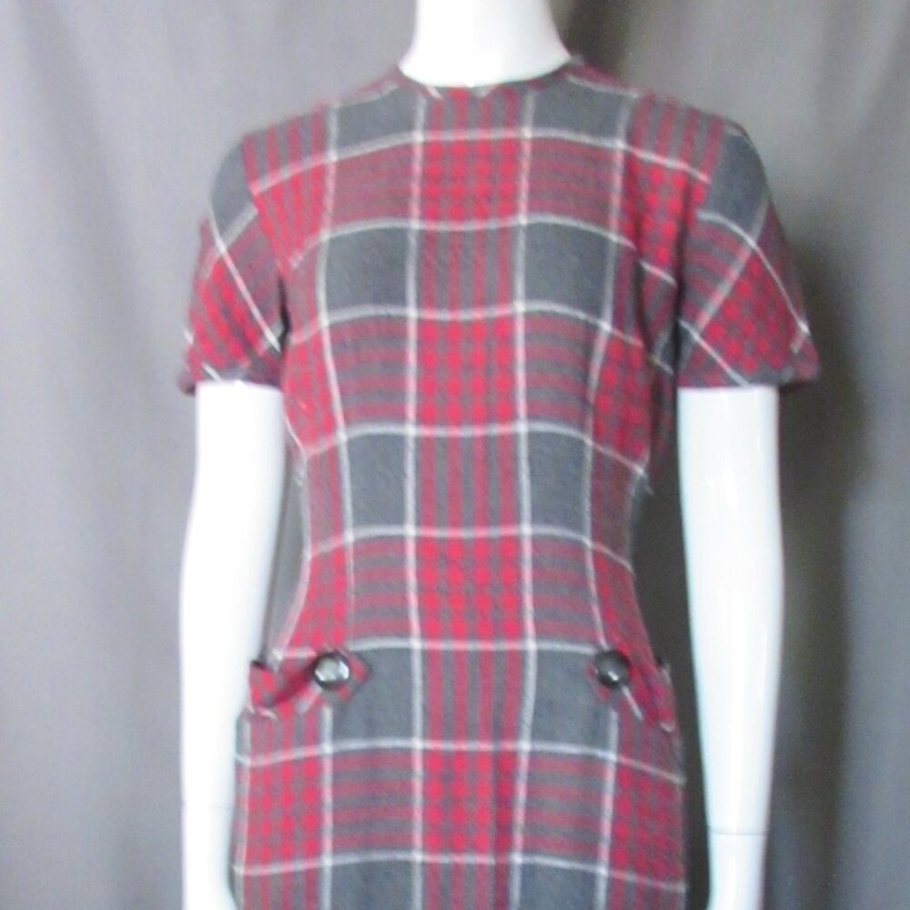 SALE Handsome Vintage Office Day Dress Red Gray Plaid